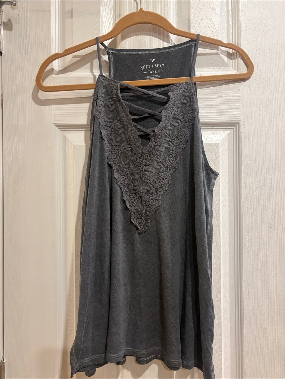 American Eagle AE Women's Charcoal Gray Lace-Trim Tank Top